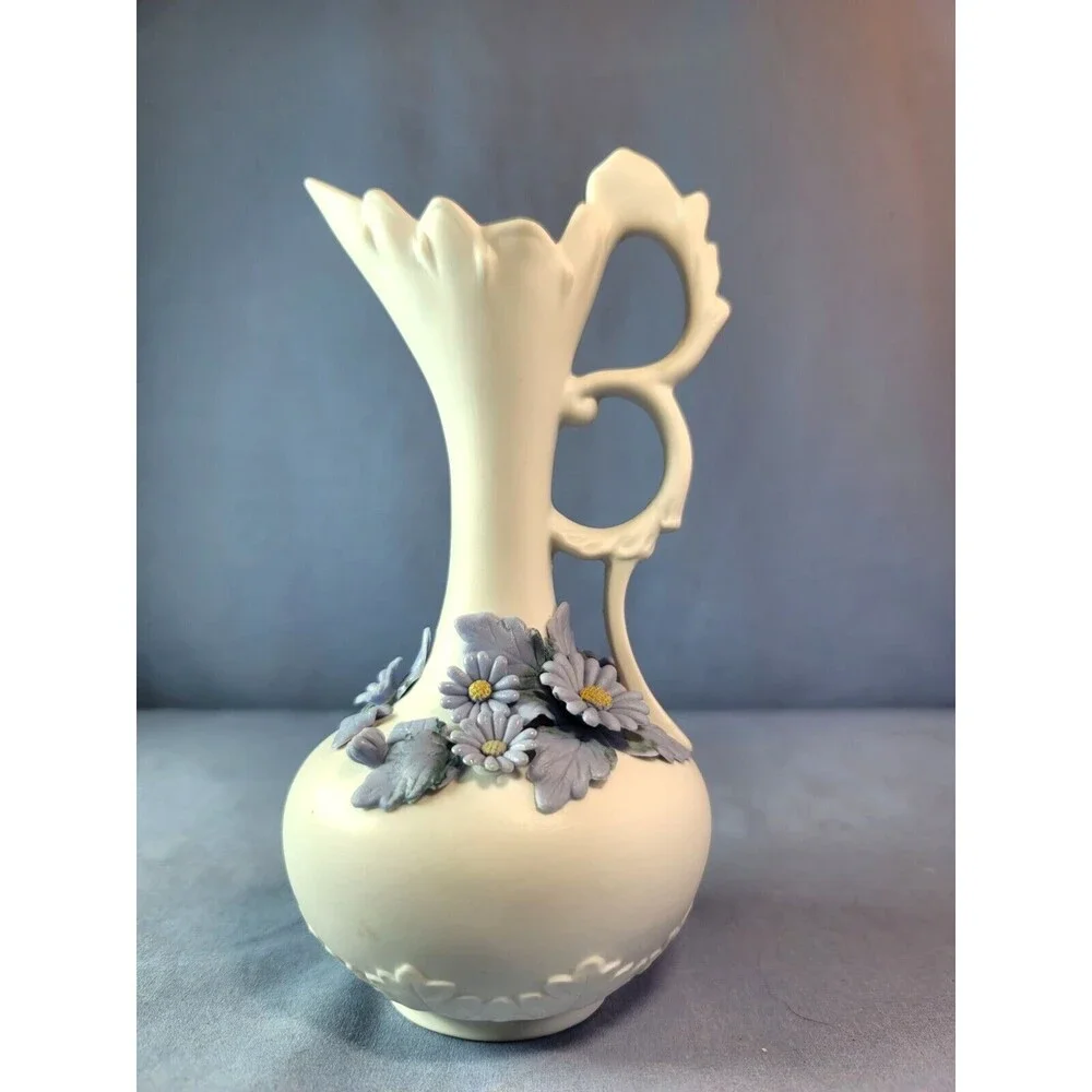 Blue Ewer Flowers Bud Vase Vintage Raised White Ceramic Applied Decoration
